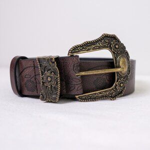 y2k style brown american western floral engraved belt